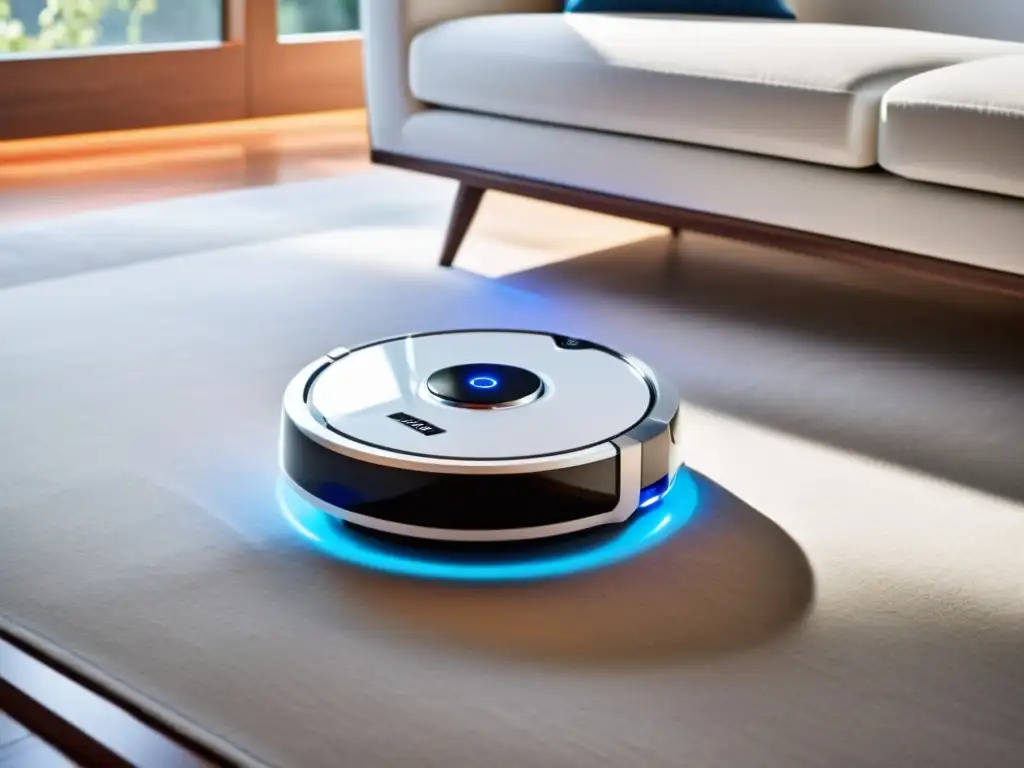 Robot aspirador moderno navegando en sala bien iluminada Un robot de limpieza blanco con luces LED azules, navegando en un moderno salón