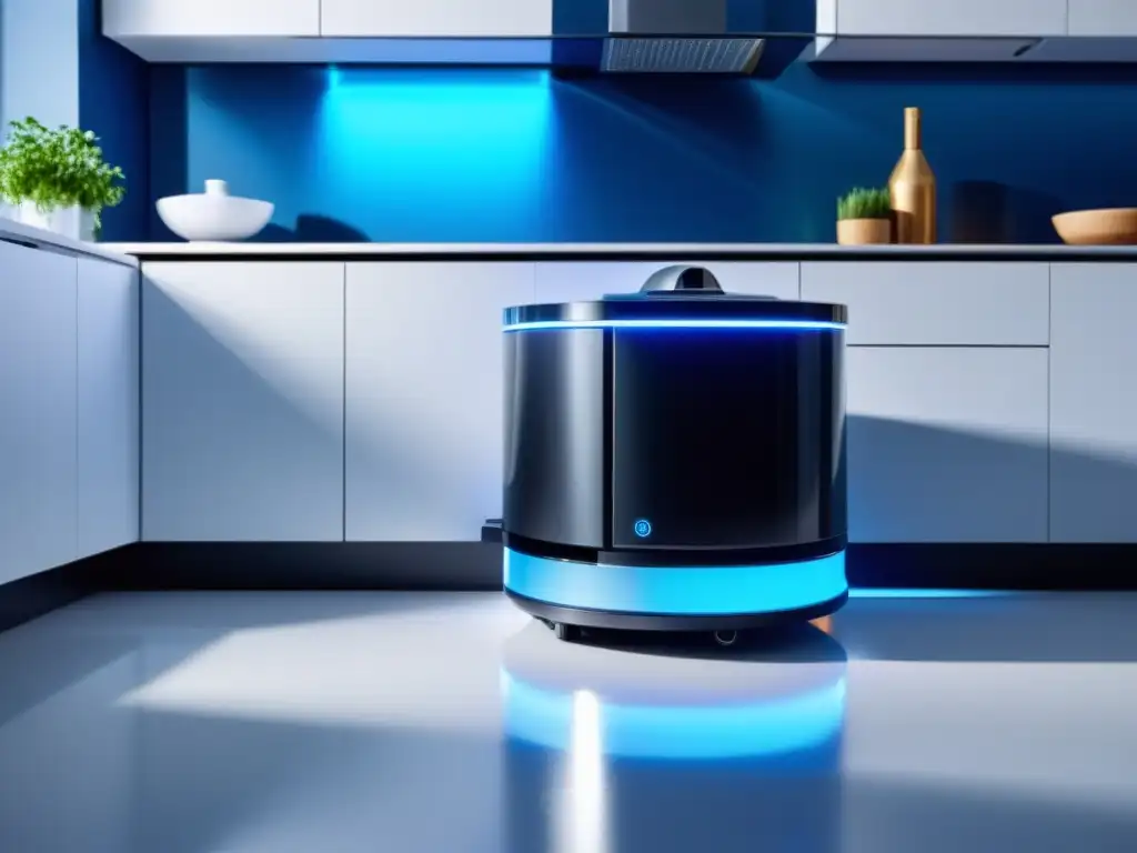 Robot de limpieza con tecnología UV desinfectando una cocina Robot de limpieza doméstica con tecnología UV deslizándose por el suelo de la cocina, emitiendo luz azul suave mientras desinfecta el área