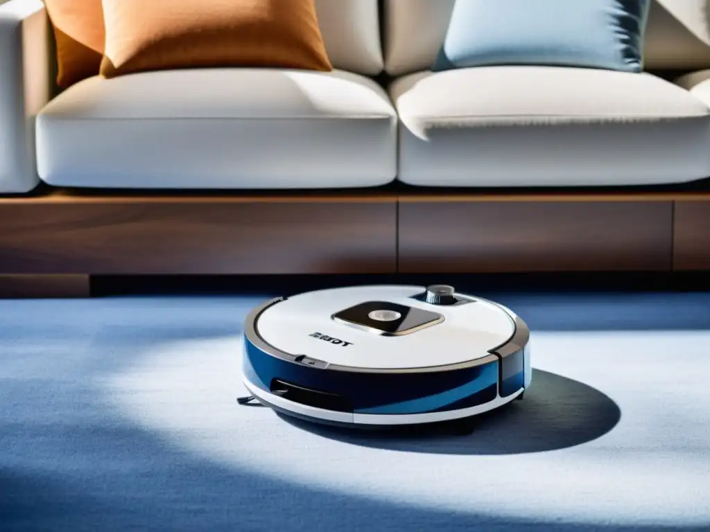 Robot aspirador de alta tecnología, limpieza eficiente en sala elegante Un robot de limpieza para hogares de diseño moderno, navegando sin esfuerzo en una sala elegante y sin desorden, bañada en luz natural cálida