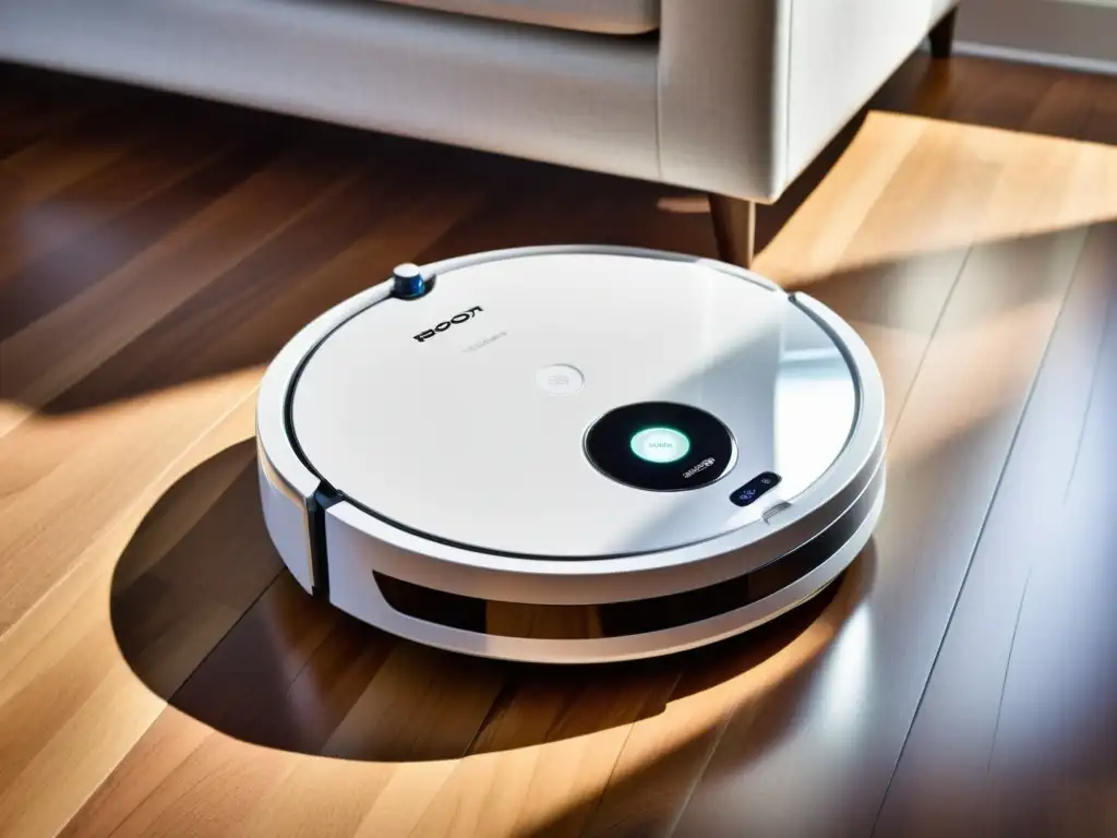 Robot aspirador elegante navegando en una casa moderna Robot de limpieza para hogares: Elegante y sofisticado, navega sin esfuerzo por la sala soleada, manteniendo impecable cada rincón