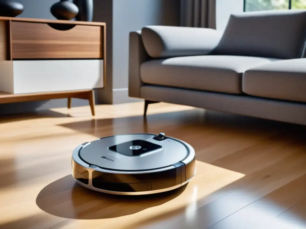 Un robot de limpieza con IA moderno y elegante recorriendo sin esfuerzo una sala de estar bien iluminada, mostrando sofisticación y eficiencia