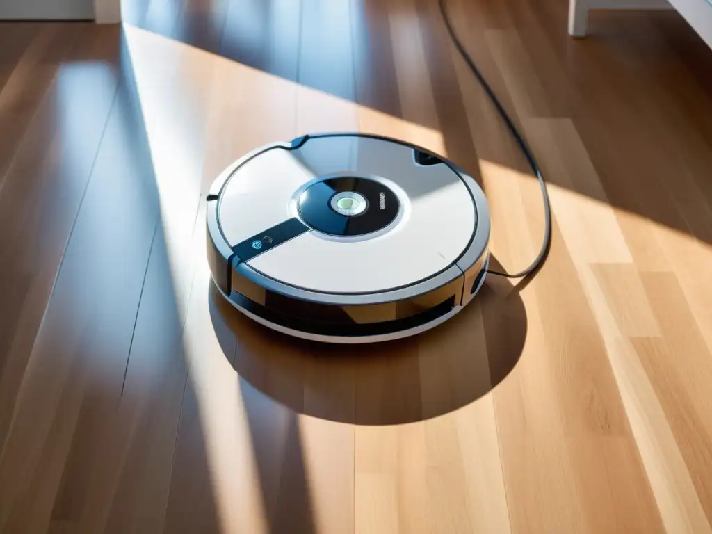Robot de limpieza con IA deslizándose en un piso impecable, rodeado de decoración minimalista y luz cálida