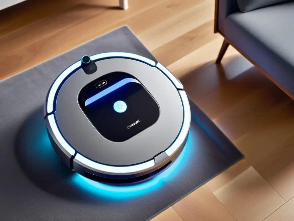 Un robot de limpieza con IA navega en un salón minimalista y moderno