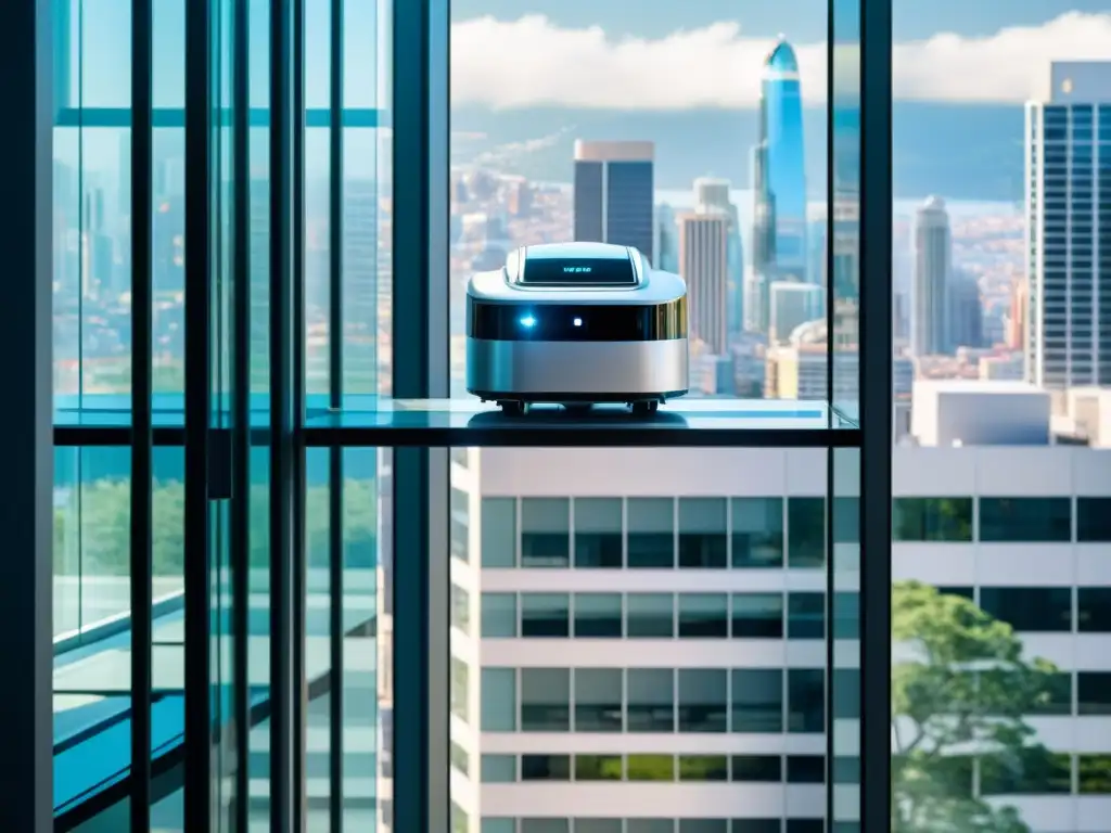 Robot limpiavidrios de vanguardia en acción Un robot de limpieza de ventanas efectivo y seguro, con diseño futurista, dejando cristalinas las ventanas de un rascacielos