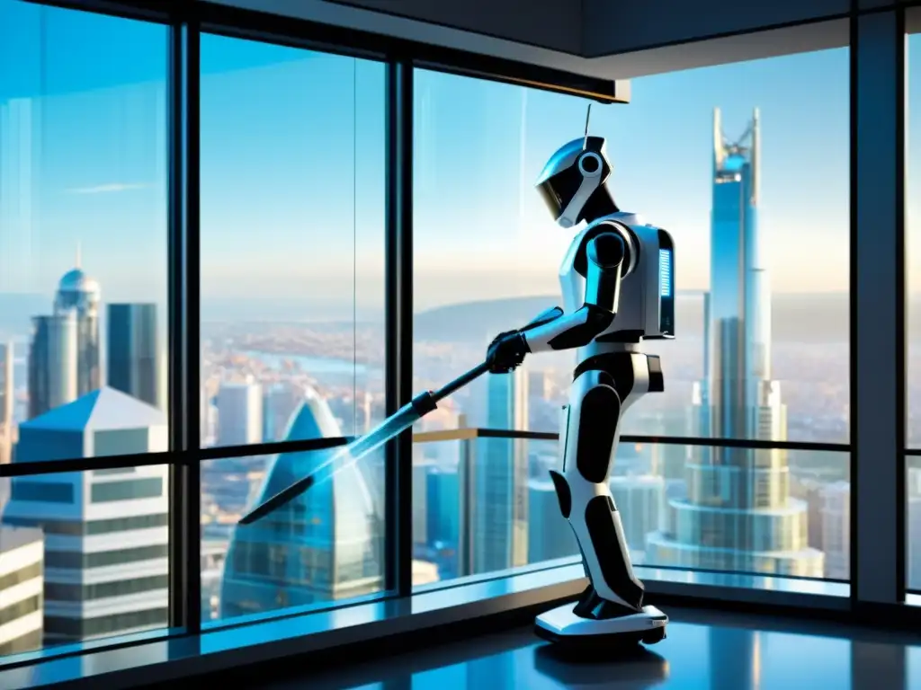 Robot de limpieza de ventanas: eficiente y futurista Robot de limpieza de ventanas eficiente y seguro, mostrando tecnología avanzada en un diseño transparente, limpia un edificio acristalado en la ciudad