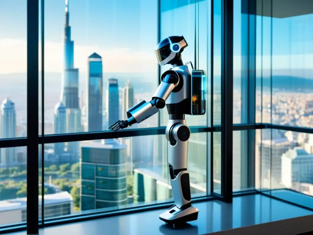 Robot limpiacristales de diseño transparente en acción en un rascacielos Robot de limpieza de ventanas eficiente y seguro en acción en un rascacielos de la ciudad