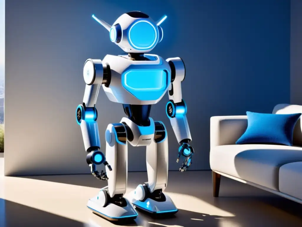Robot de limpieza de aire futurista en un hogar saludable Un robot moderno y elegante de calidad del aire en un ambiente armonioso y saludable