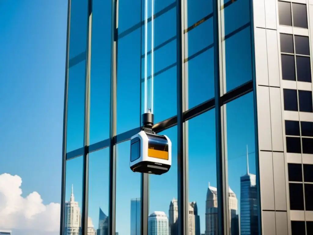 Robot limpiacristales: eficiencia y tecnología moderna Un robot moderno limpia ventanas de forma eficaz y segura en un rascacielos de cristal, reflejando la ciudad