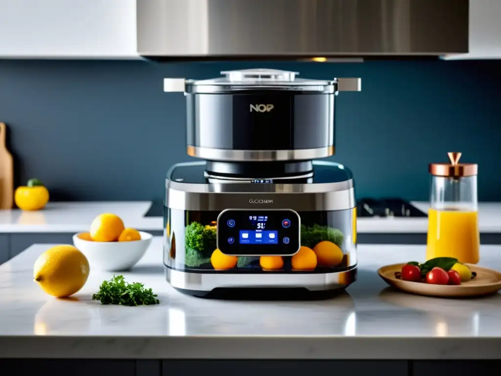 Robot de cocina NOP en cocina moderna, listo para crear recetas saludables con eficiencia y sofisticación