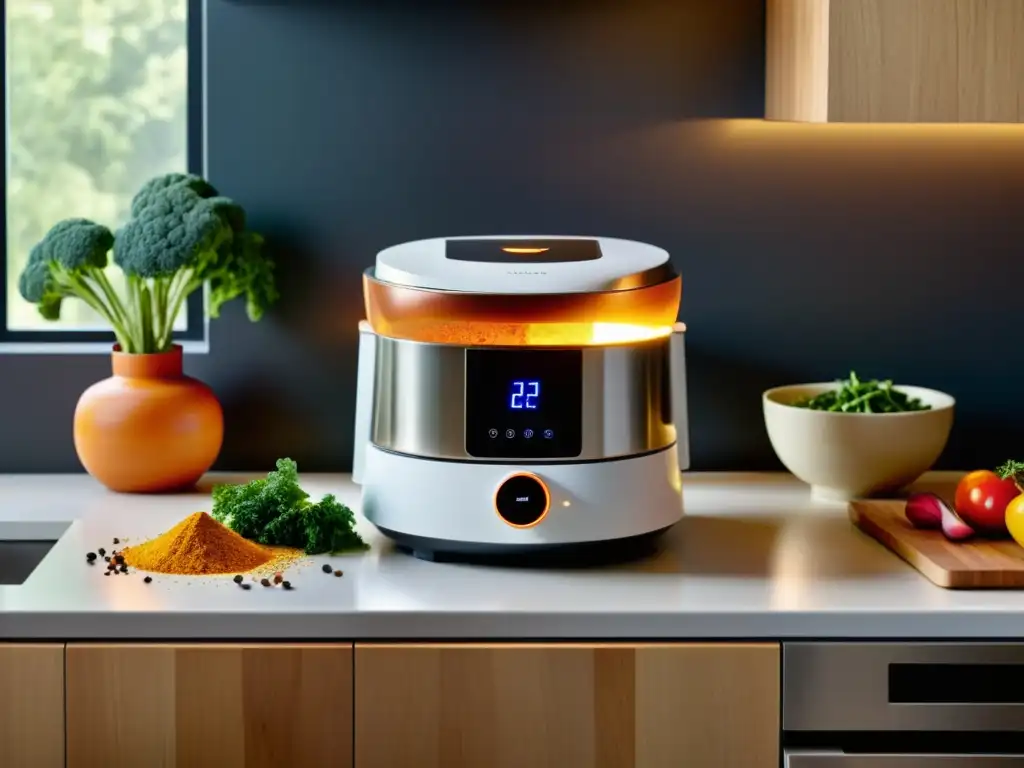 Un robot de cocina NOP preparando recetas saludables en una cocina moderna con ingredientes frescos y coloridos