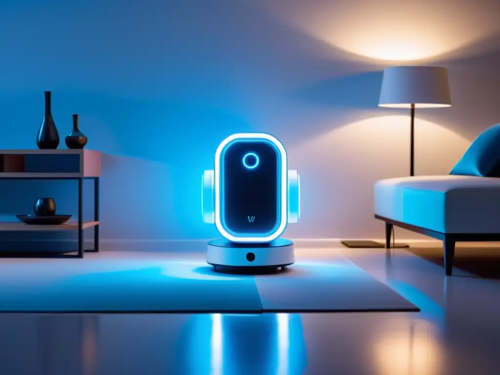 Robot moderno elimina gérmenes en sala minimalista Un robot tecnológico de diseño en un elegante salón minimalista, emitiendo luz UV para desinfectar