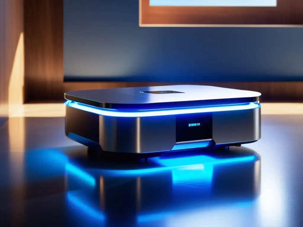 Robot de desinfección UV moderno y eficiente en acción Un robot de desinfección UV tecnológico y elegante limpia un hogar, irradiando una suave luz azul