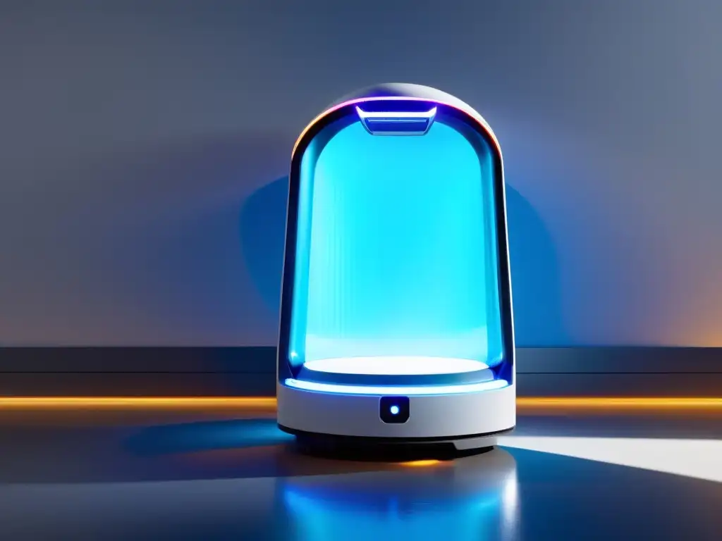 Robot moderno desinfectando con luz UV Un robot tecnológico y moderno con luces UV desinfectando un espacio hogareño, irradiando eficiencia futurista y limpieza