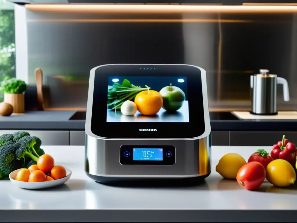 Robots de cocina multifunción: escena de cocina moderna con tecnología de vanguardia y alimentos frescos