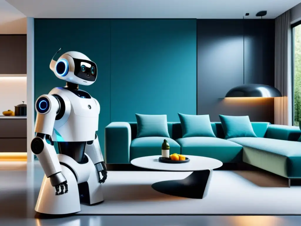 Robots domésticos modernos en acción: integración perfecta en el hogar Adopción de robots para el hogar: Integración futurista de robots en un hogar moderno, realizando tareas diarias con eficiencia y estilo contemporáneo