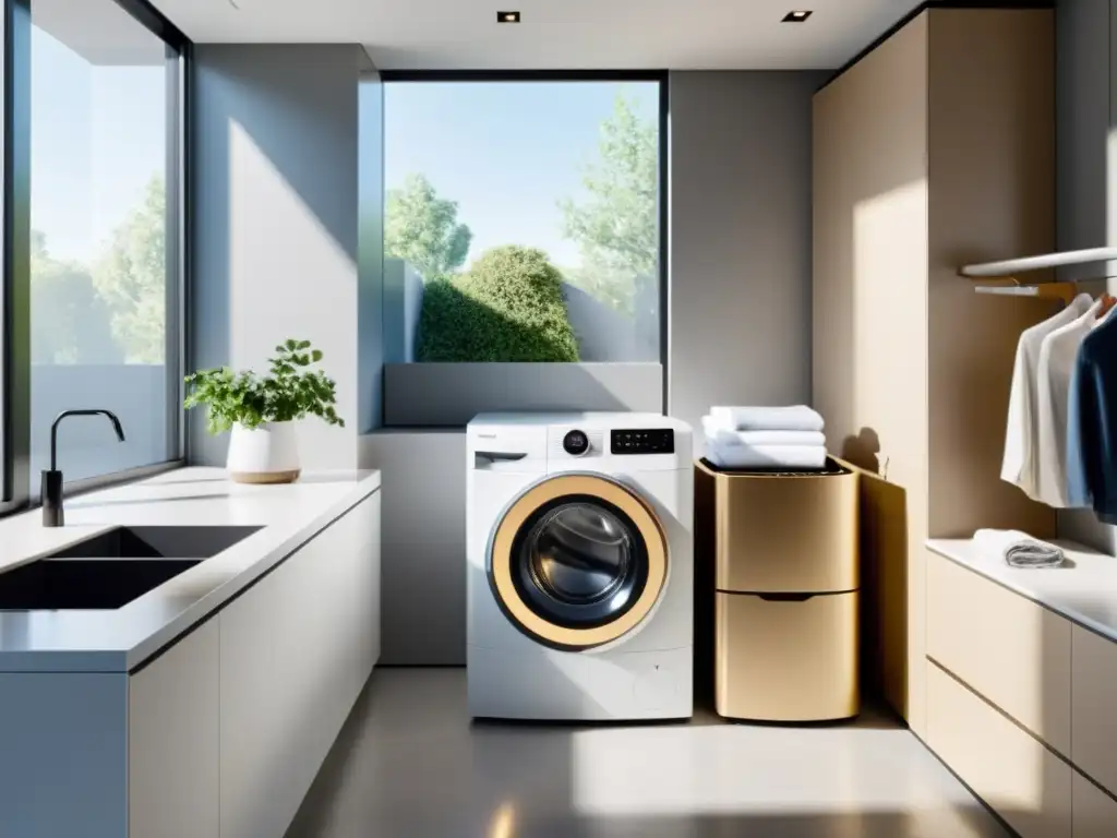 Moderna lavandería con robot plegador y máquina autónoma Robots plegadores de ropa en un moderno y eficiente lavadero con luz natural y diseño minimalista