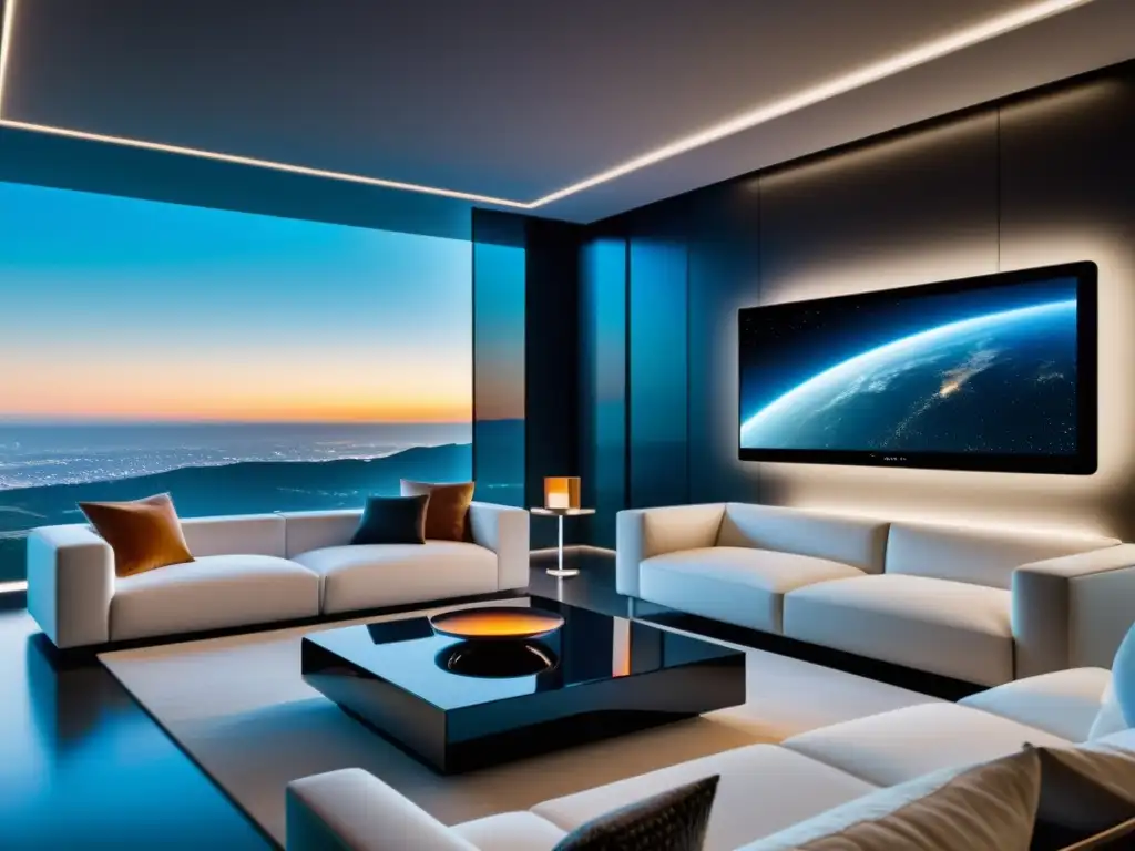 Salón futurista con experiencia multimedia inmersiva Sala de estar futurista con sistemas multimedia entretenimiento hogar, pantalla transparente y ambiente tech sofisticado