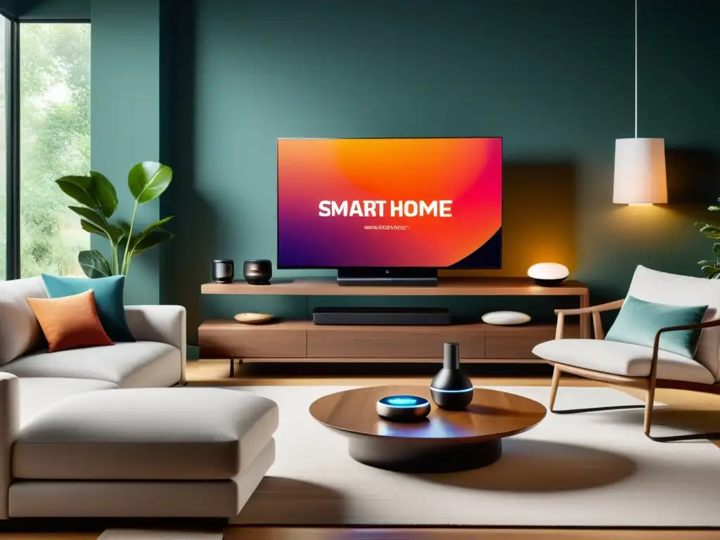 Sala inteligente: modernidad y comodidad en el hogar Una sala de estar moderna y acogedora con dispositivos inteligentes, transmitiendo comodidad y modernidad