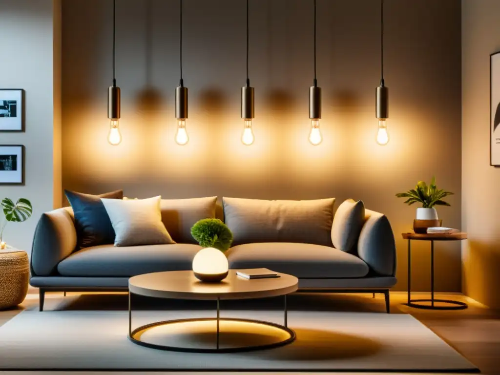 Salón moderno iluminado por TUV Smart Bulbs Una sala moderna con ambiente cálido y acogedor iluminada por bombillas inteligentes TUV, resaltando la comodidad y modernidad del espacio