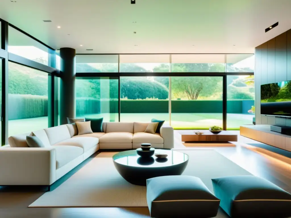 Salón inteligente: integración perfecta de tecnología y confort Una sala de estar moderna en una casa inteligente con iluminación controlada por voz, cortinas automatizadas y muebles minimalistas