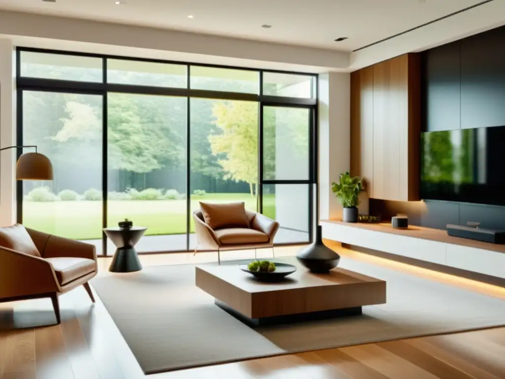 Sala moderna con diseño minimalista y tecnología inteligente Sala de estar moderna con diseño minimalista y sistemas domóticos para el ahorro de energía en el hogar
