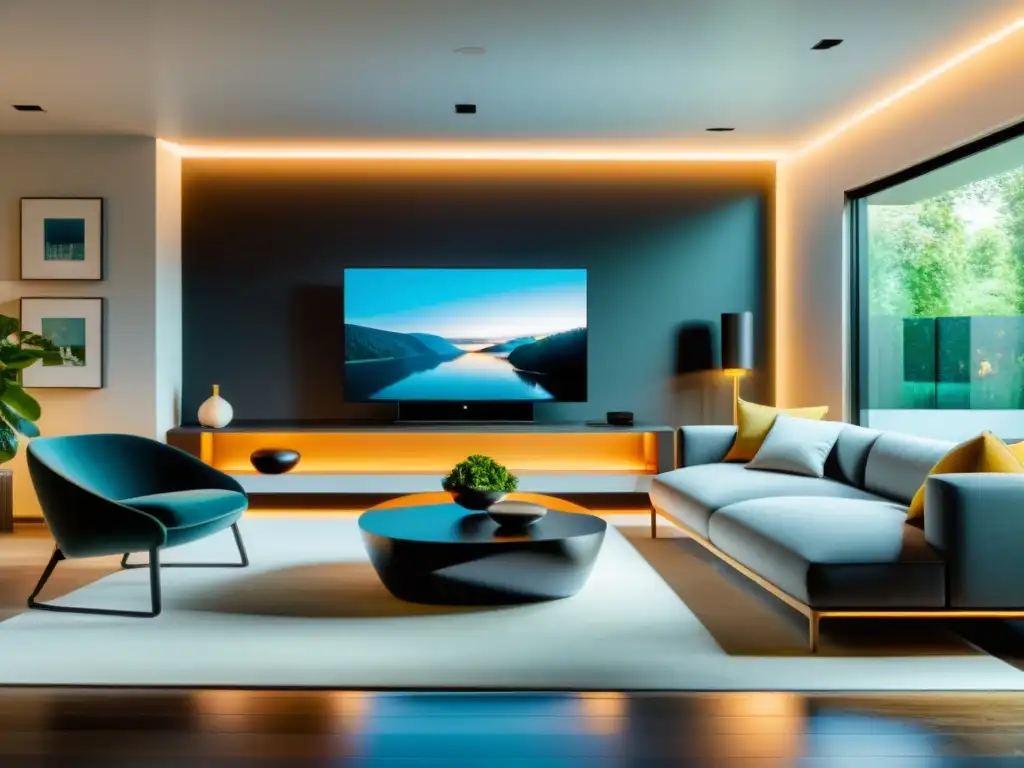 Salón inteligente con dispositivos conectados Una sala moderna con dispositivos de hogar inteligente de distintas marcas, creando un ambiente futurista y acogedor