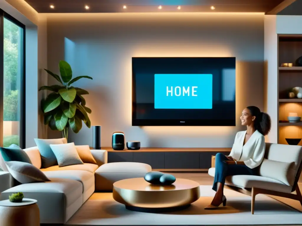Sala inteligente con asistente de IA integrado Una sala de estar moderna con dispositivos de domótica integrados