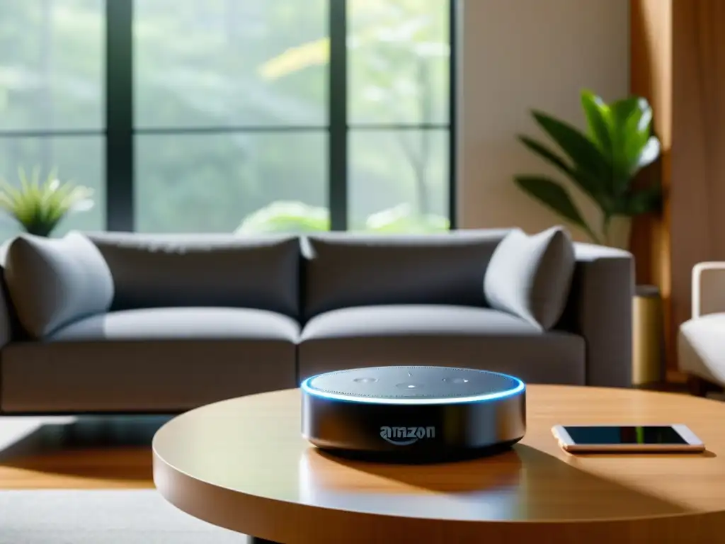 Una sala moderna con dispositivos inteligentes y un Amazon Alexa, iluminada por luz natural