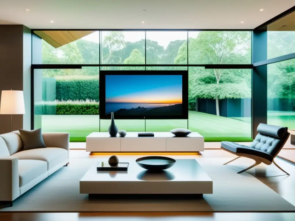 Sala de estar inteligente: confort y elegancia moderna Una sala de estar moderna con dispositivos inteligentes integrados, destacando la comodidad y sofisticación