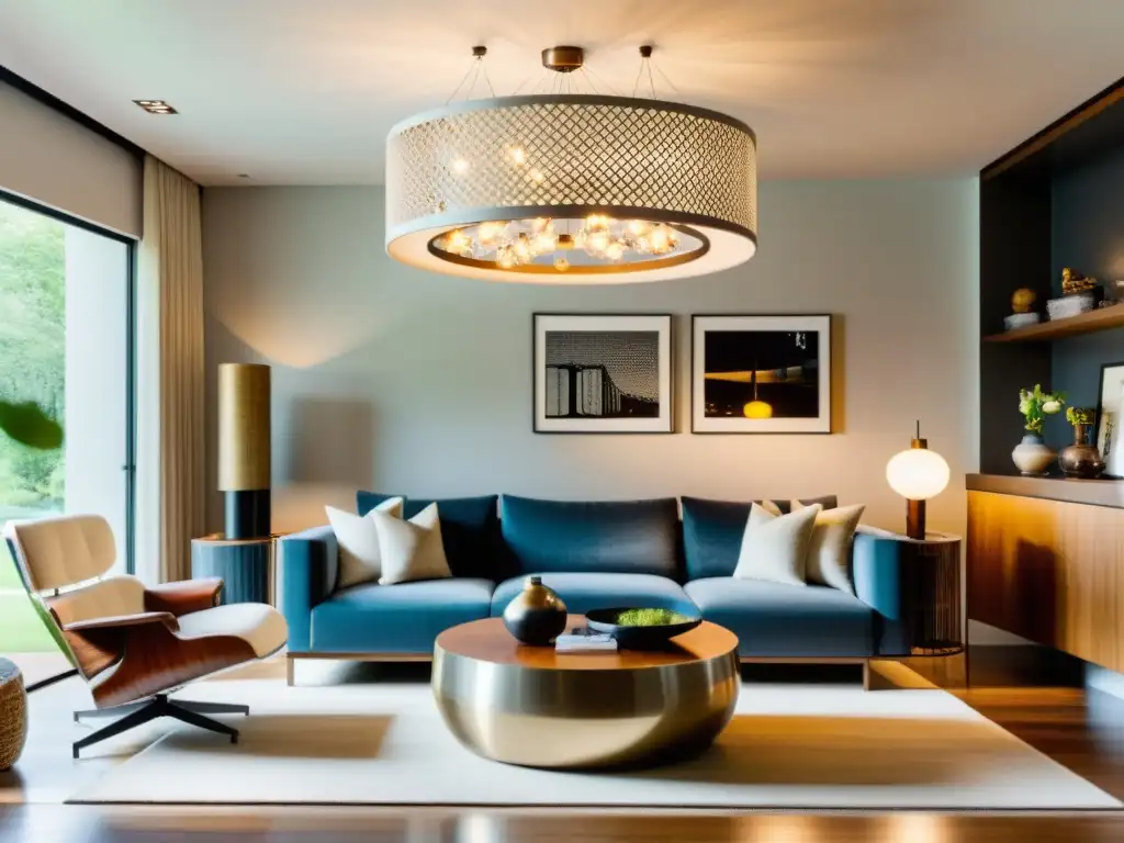 Salón moderno con lámpara única y diseño sostenible Una sala moderna con elegante diseño y un candelabro colgante