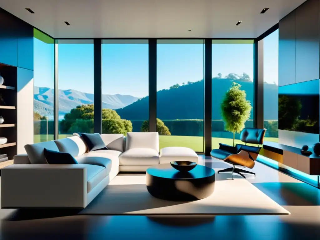 Sala de estar inteligente: diseño moderno y tecnología futurista Una sala de estar moderna y elegante en un hogar inteligente con dispositivos integrados