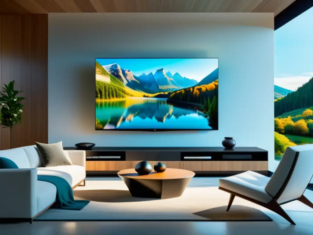 Sala moderna con Smart TV y ambiente relajante Una sala moderna y elegante con una Smart TV en la pared, transmitiendo una escena de la naturaleza en alta definición
