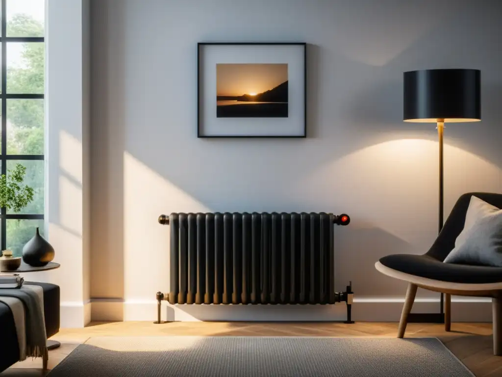 Sofisticada sala moderna con radiador negro creando ambiente acogedor Una sala moderna con un elegante radiador de aceite negro creando un ambiente acogedor