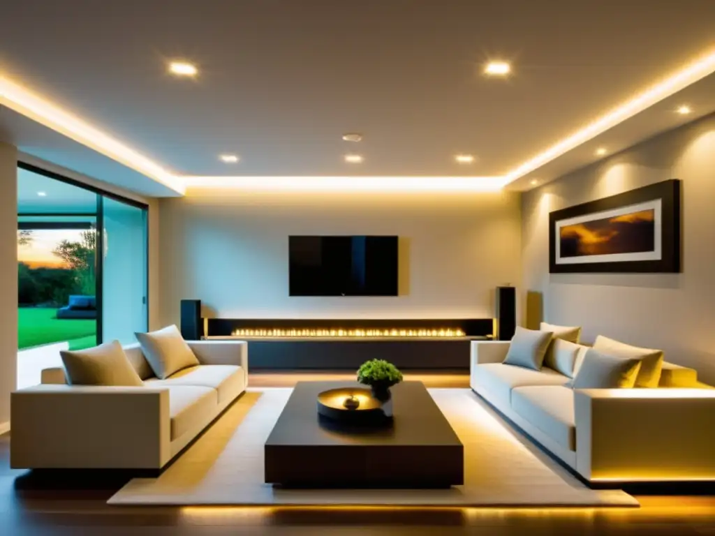 Sala de estar moderna con luces LED, ambiente acogedor Una sala moderna con iluminación LED para el hogar, destaca la decoración contemporánea y crea un ambiente acogedor con una cálida luz ambiental