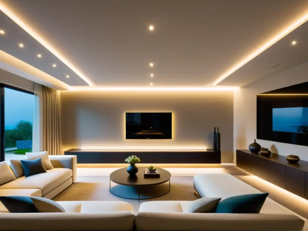 Salón moderno iluminado con LED para un ambiente acogedor Una sala moderna iluminada por tiras de LED, creando un ambiente acogedor y destacando la decoración minimalista