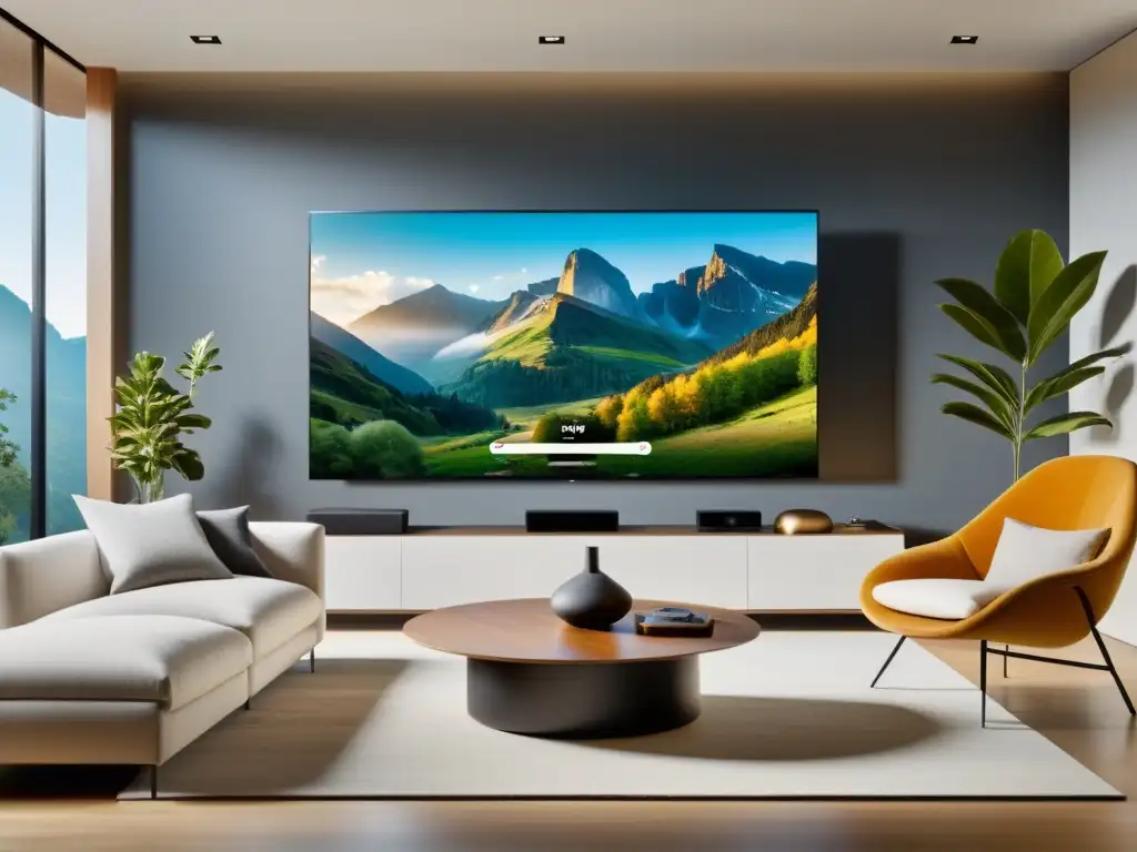 Sala de estar moderna con TV 8K y tecnología inteligente Una sala moderna con una impresionante Smart TV 8k mostrando imágenes de la naturaleza en alta resolución, rodeada de dispositivos inteligentes