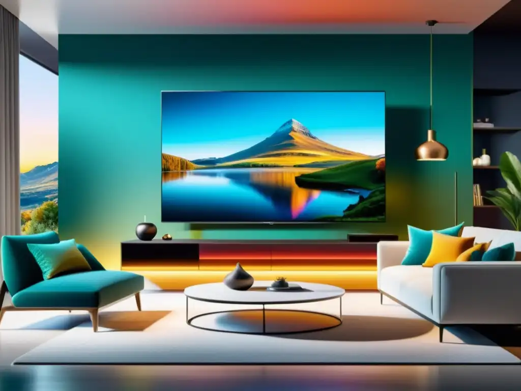 Sala de estar moderna con TV 8K y ambientación acogedora Una sala moderna con una impresionante Smart TV de 8K en la pared, mostrando colores vibrantes y realistas