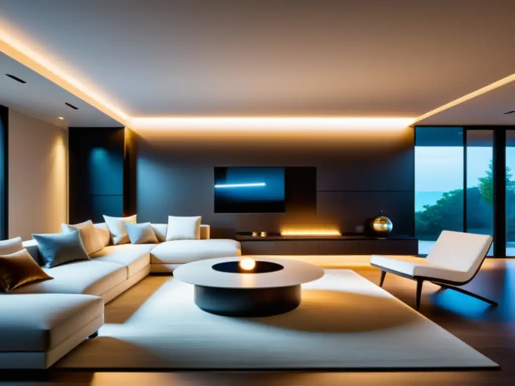 Salón moderno con iluminación inteligente para un ambiente acogedor Una sala moderna con iluminación inteligente que crea un ambiente acogedor