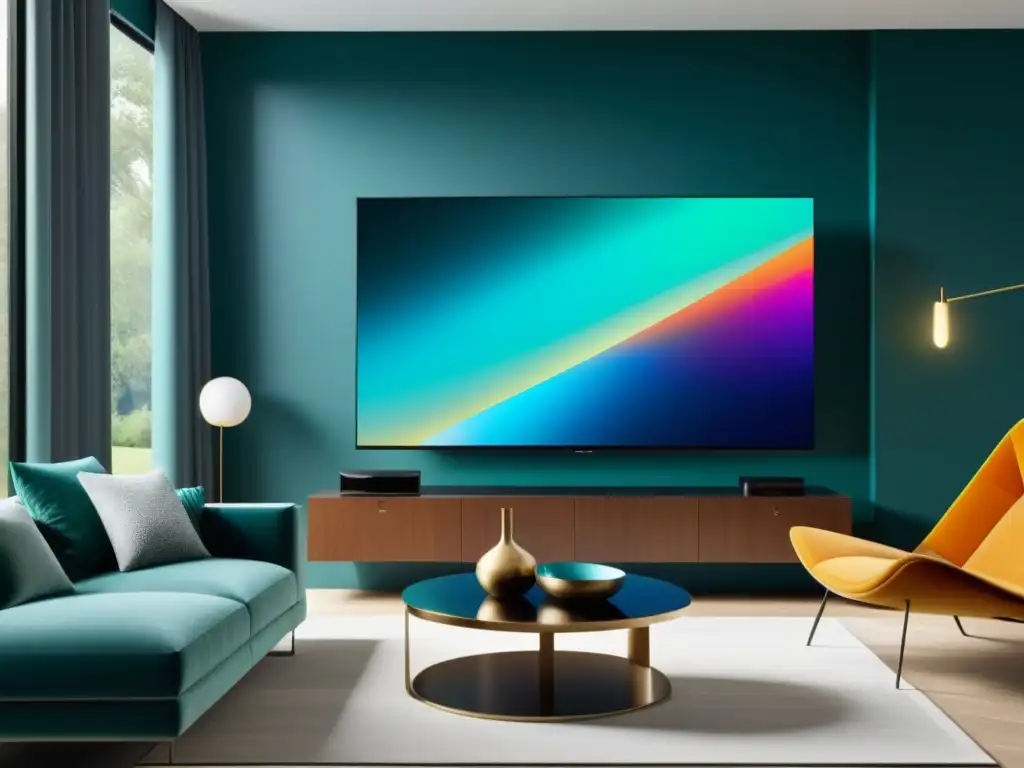 Sala de estar de lujo con TV 8K montada en la pared Una sala moderna y lujosa con una Smart TV 8K en la pared, rodeada de decoración minimalista y bañada en luz natural