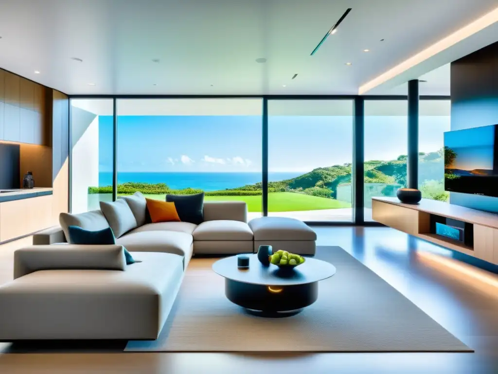 Salón moderno con tecnología integrada y minimalismo Una sala moderna con muebles minimalistas y dispositivos de domótica para hogares inteligentes integrados