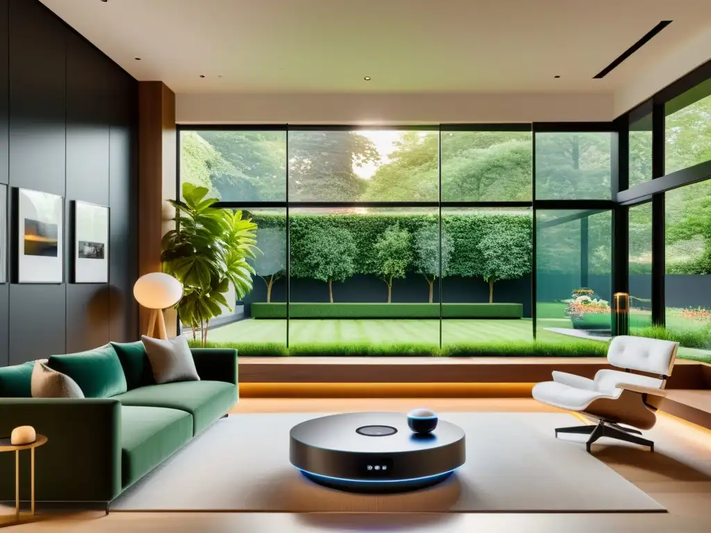 Sala minimalista con domótica AI y vistas al jardín Una sala de estar moderna con muebles minimalistas y dispositivos de automatización residencial con inteligencia artificial integrados