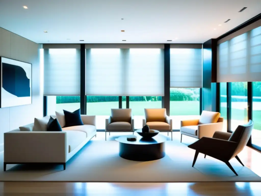 Salón de lujo con ventanas panorámicas y cortinas automáticas Sala de estar moderna con persianas y cortinas automatizadas, elegante y acogedora, iluminada por luz natural filtrada