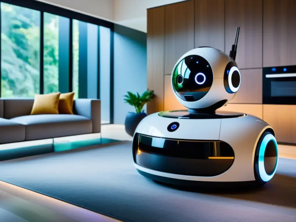 Robots domésticos futuristas integrados en un salón moderno Una sala de estar moderna con robots para el hogar integrados, mostrando la adopción de robots para el hogar en un ambiente elegante y futurista