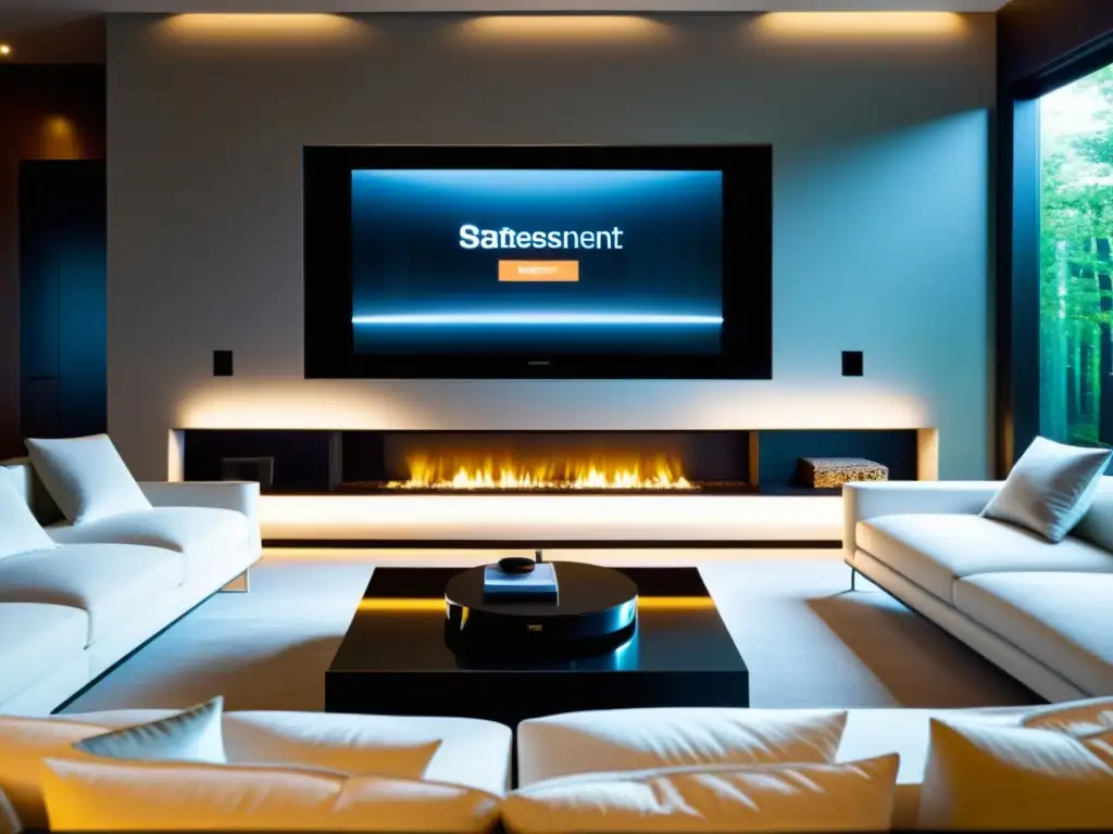 Sala de estar moderna con sistema de entretenimiento integrado Sala moderna con sistema de entretenimiento domótico hogar, TV, parlantes y luces ambientales