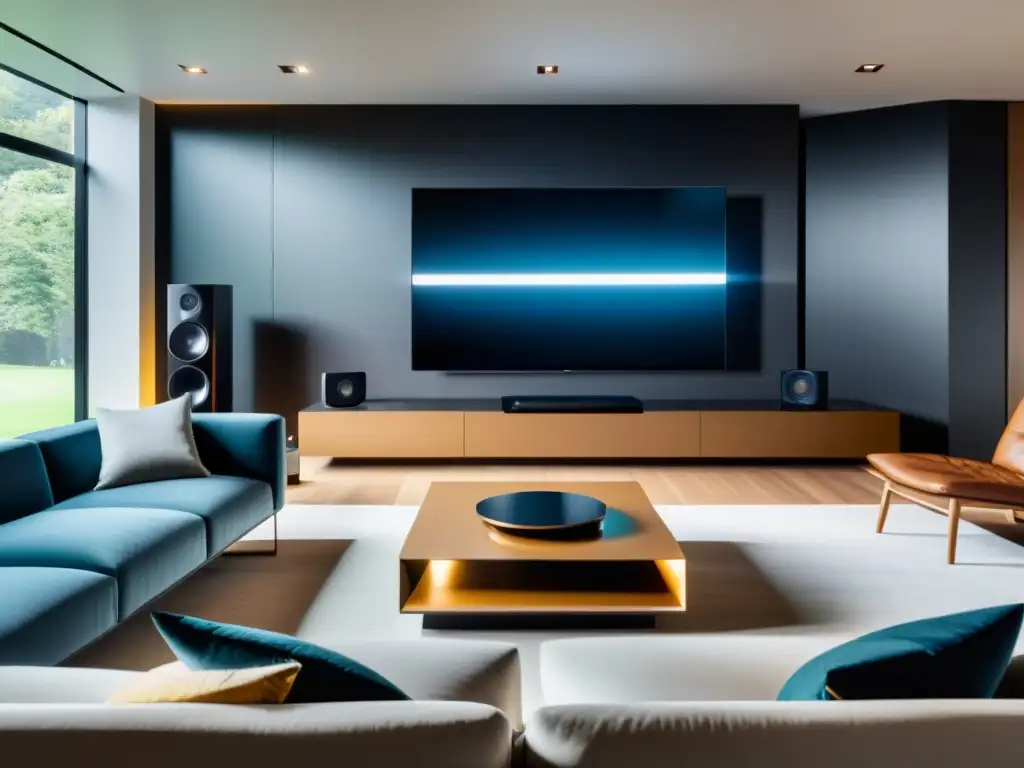 Sala de estar moderna con sistema de entretenimiento inteligente integrado Sala moderna con sistema de entretenimiento domótico hogar, TV OLED 8K, altavoces minimalistas y ambiente acogedor con luces LED regulables