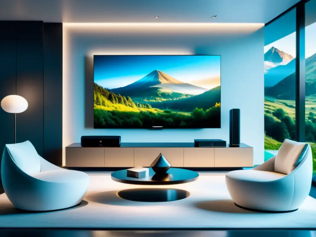 Sala de estar moderna con TV 8k y escena natural impresionante Sala de estar moderna con sistema multimedia de entretenimiento para el hogar