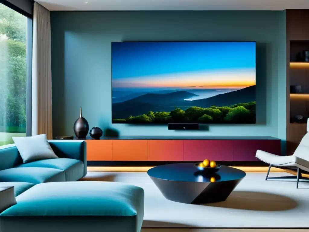 Sala de estar moderna con sistema de entretenimiento de lujo Sala de estar moderna con sistema multimedia de entretenimiento hogareño, decoración minimalista y ambiente acogedor