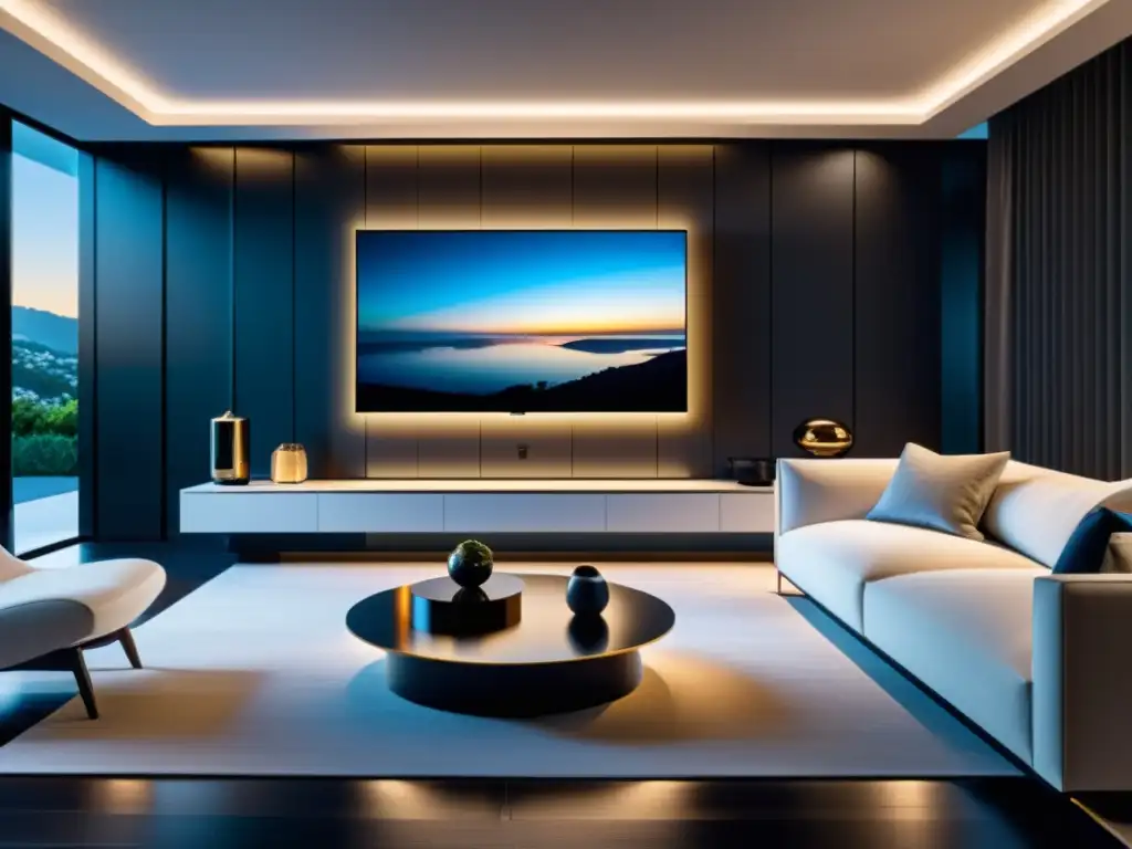 Sala de estar moderna con sistema de entretenimiento inteligente integrado Sala de estar moderna con sistemas de entretenimiento domótico hogar, TV controlada por voz, iluminación ambiental y persianas automatizadas