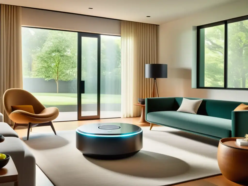 Salón moderno con dispositivos inteligentes para un hogar inclusivo Una sala moderna con soluciones de automatización del hogar para personas con movilidad reducida