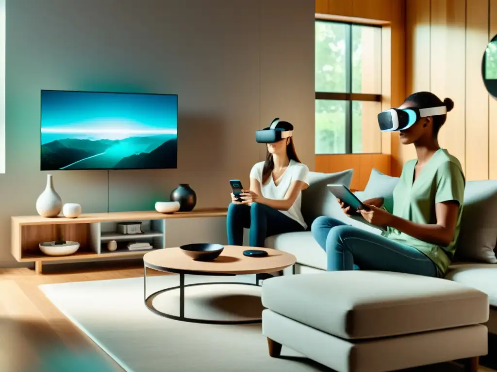 Una sala de estar moderna con tecnología de realidad aumentada para la gestión del hogar